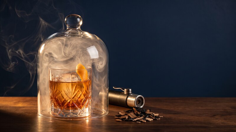 Cocktail fumé sous une cloche en verre à côté d'un smoker à cocktail