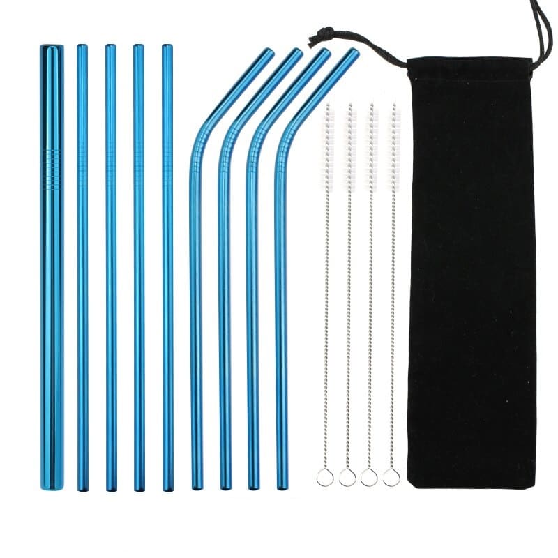 Lot de 9 Pailles Bleu en Inox
